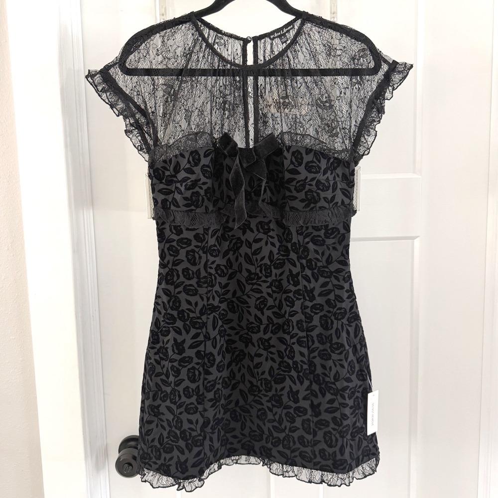 NWT For Love & Lemons Midnight Burnout Velvet Lace Bow Mini Dress Black S LBD